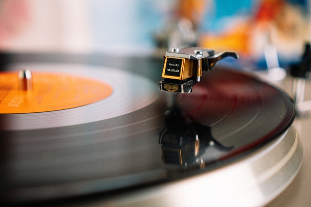 A vinyl record on a turntable, spinning